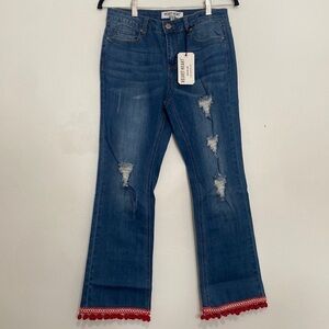 Velvet Heart Ellie Mid Rise Flare Crop Capri Denim Jeans Red Frayed size 27 NWT